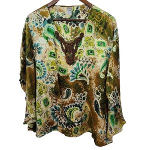 Chico's Silk Paisley Beaded Shirt Medium Maximalist